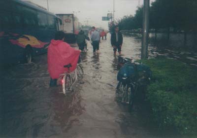 中国東部／大雨で洪水となった道を往く