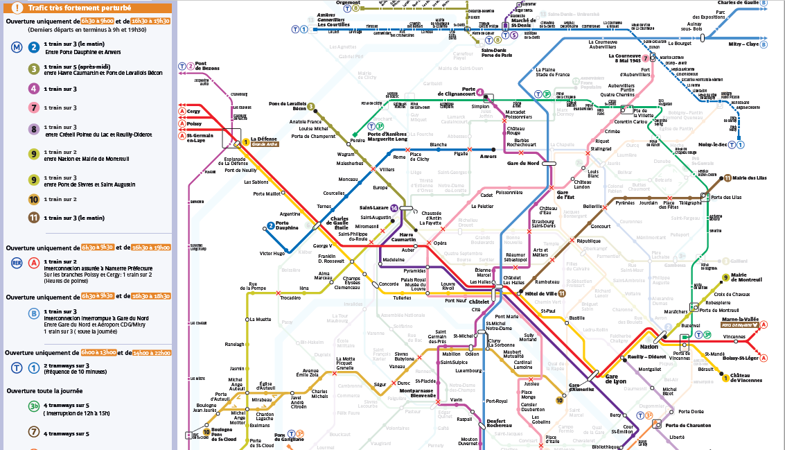 パリのストライキ運行路線図
