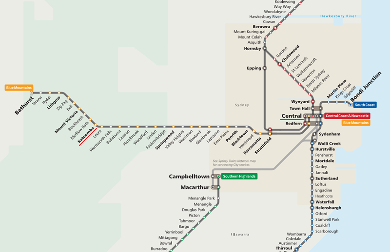 シドニー・ブルーマウンテンズ鉄道路線図